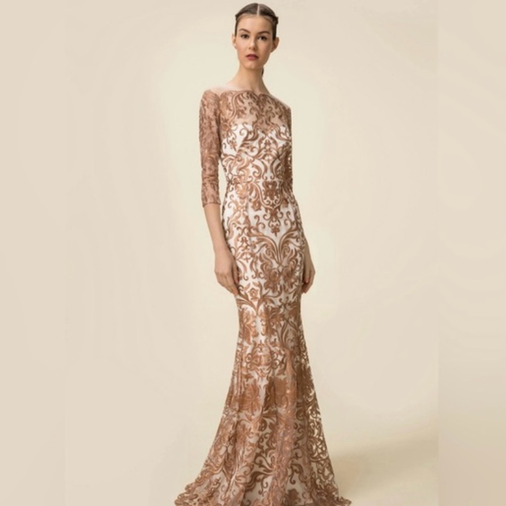 Marchesa Notte Embroidered Long Sleeve Evening Dress